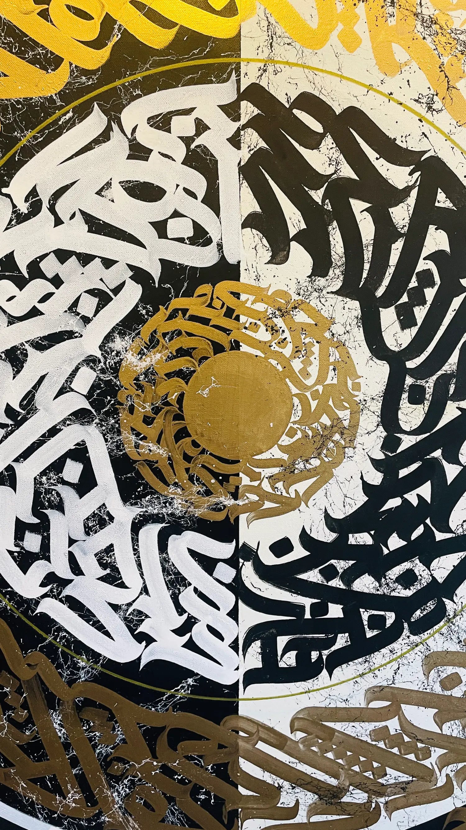Angled side view of ETERNAL ELEGANCE canvas focusing on the center – showing textured acrylic and spray paint layers in Burnzy Art’s original hand-painted composition.