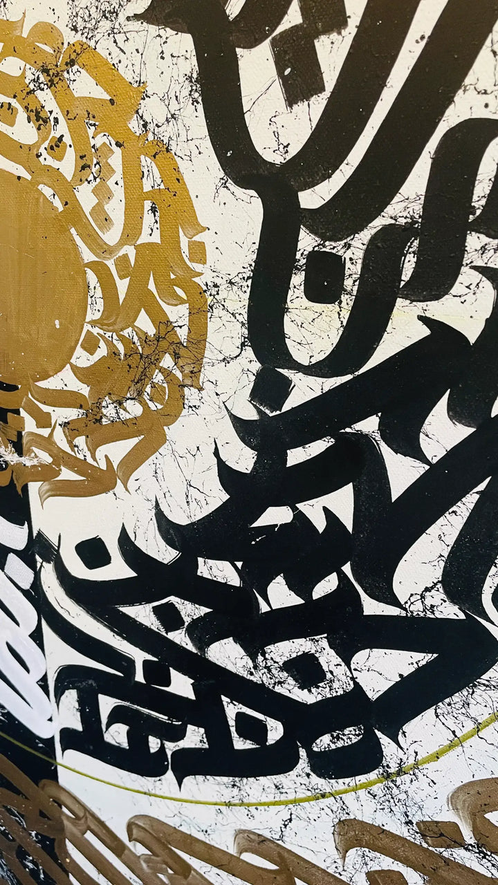 Angled side view of ETERNAL ELEGANCE canvas focusing on the center – showing textured acrylic and spray paint layers in Burnzy Art’s original hand-painted composition.