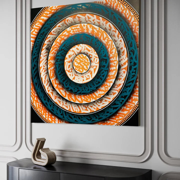 “ETERNAL HARMONY” calligraphy canvas displayed on the wall, showcasing its vivid color contrast and dynamic composition in a modern space.