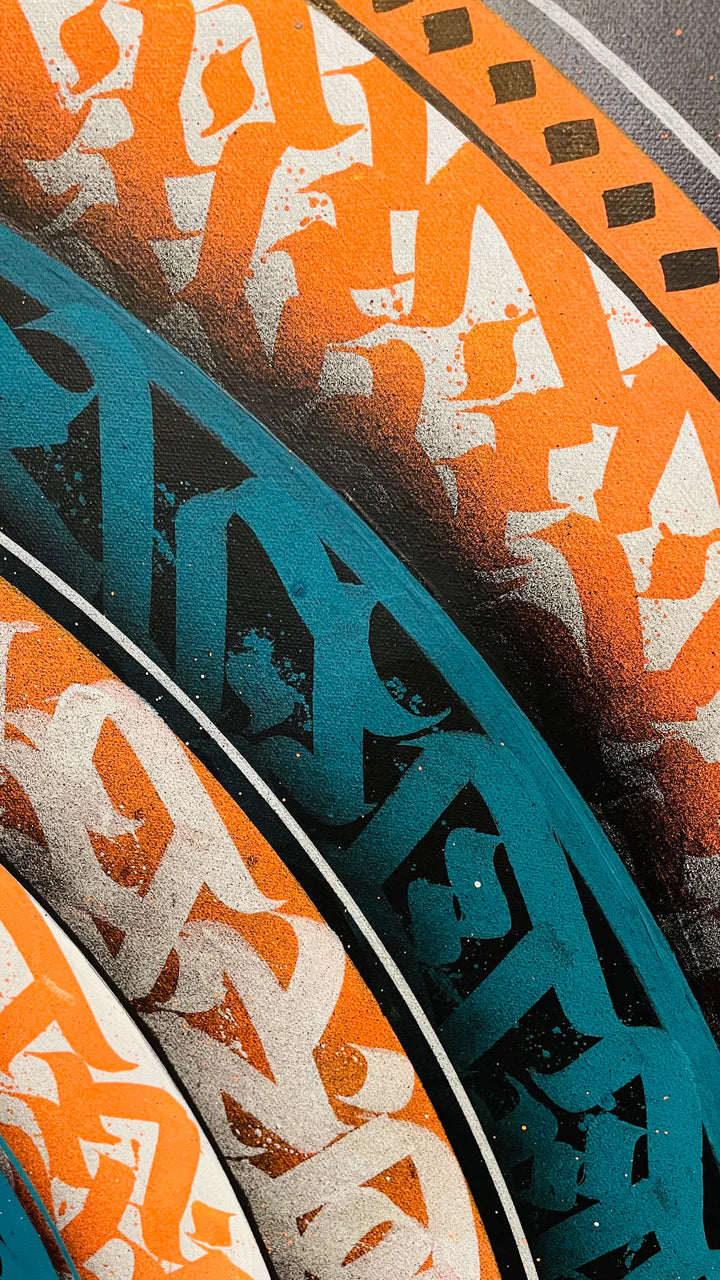 Top right angled view of “ETERNAL HARMONY” – highlighting the layered brushwork and three-dimensional feel of the spiraling calligraphy.