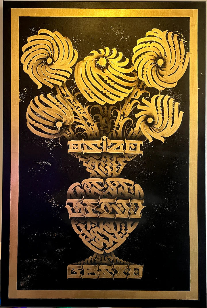 Full view of “Golden Scripted Blooms” featuring luminous gold calligraphy intertwined with floral motifs on a 36x24 canvas.