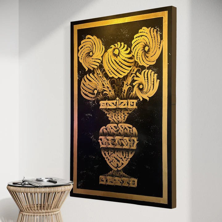 “Golden Scripted Blooms” displayed on a wall, highlighting the radiant gold brush strokes and floral calligraphic design.