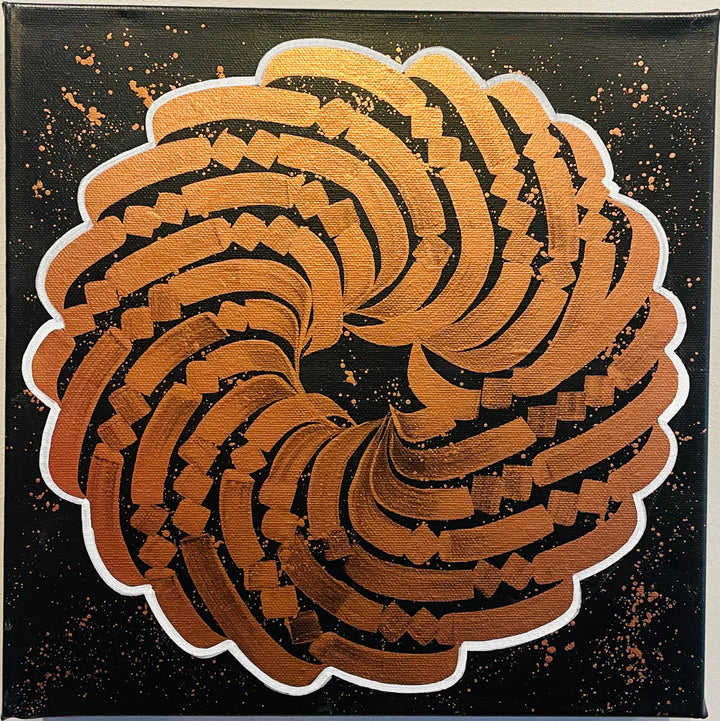 Full view of the orange calligraphy canvas, featuring vibrant, energetic strokes in a bold circular calligram.