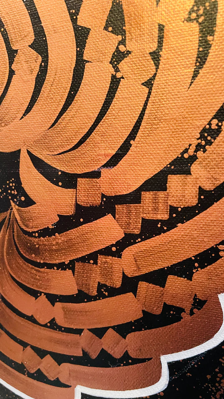 Right angle view of the orange piece, showcasing the layered texture and movement of the brushwork.