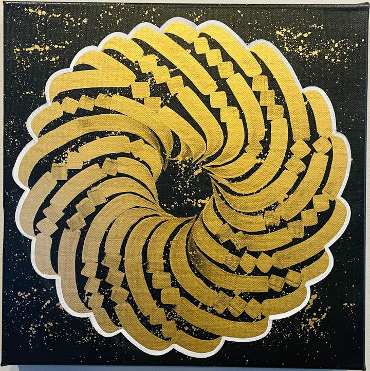 Front view of the yellow canvas from the Mini Precious Metal Collection, featuring bold, swirling calligraphy strokes.