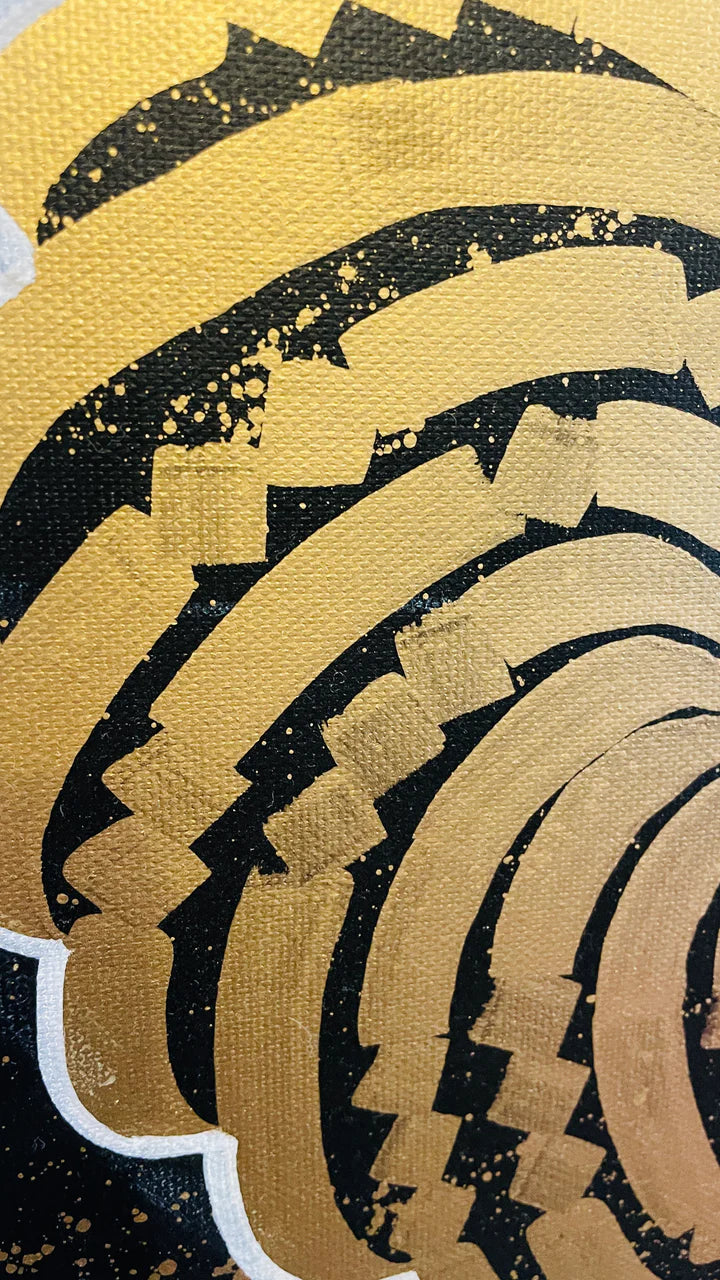Left side angle of the yellow canvas, highlighting the dimensional layering of calligraphy strokes.