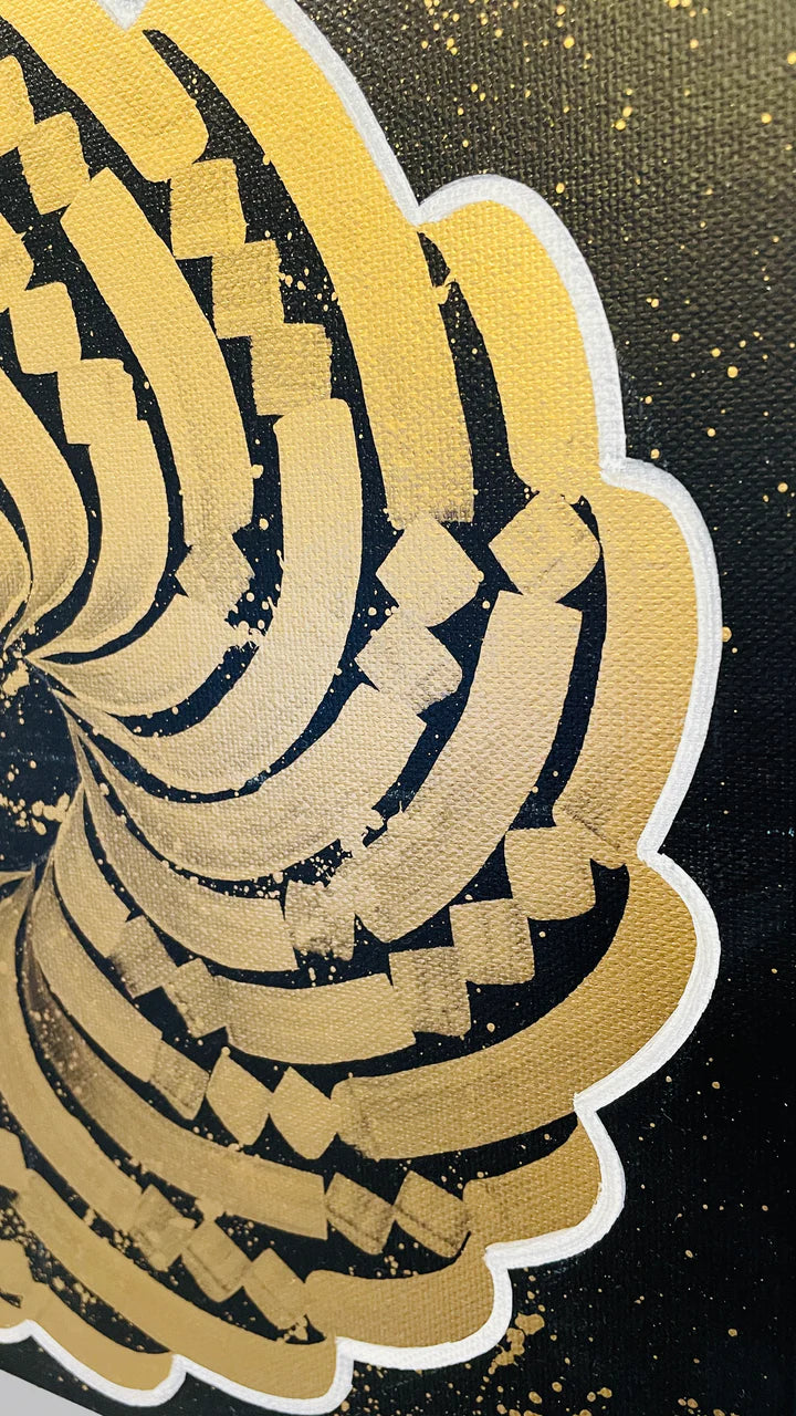 Right side view of the yellow piece, emphasizing the gold-toned strokes and structure of the calligram.