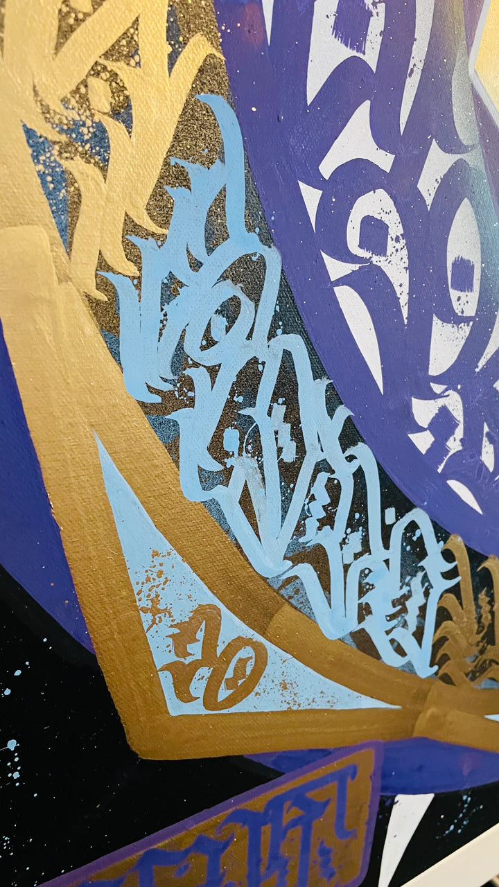 Left angle view of “NEBULA VERSES” showcasing the depth of the calligraffiti strokes and the texture of the canvas surface.