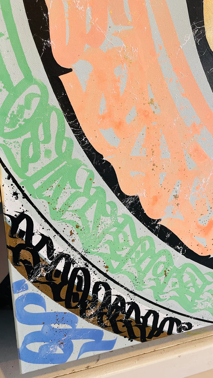 Left side angle view of “Pastel Planet,” highlighting the soft, flowing calligraphy against gentle pastel backgrounds.