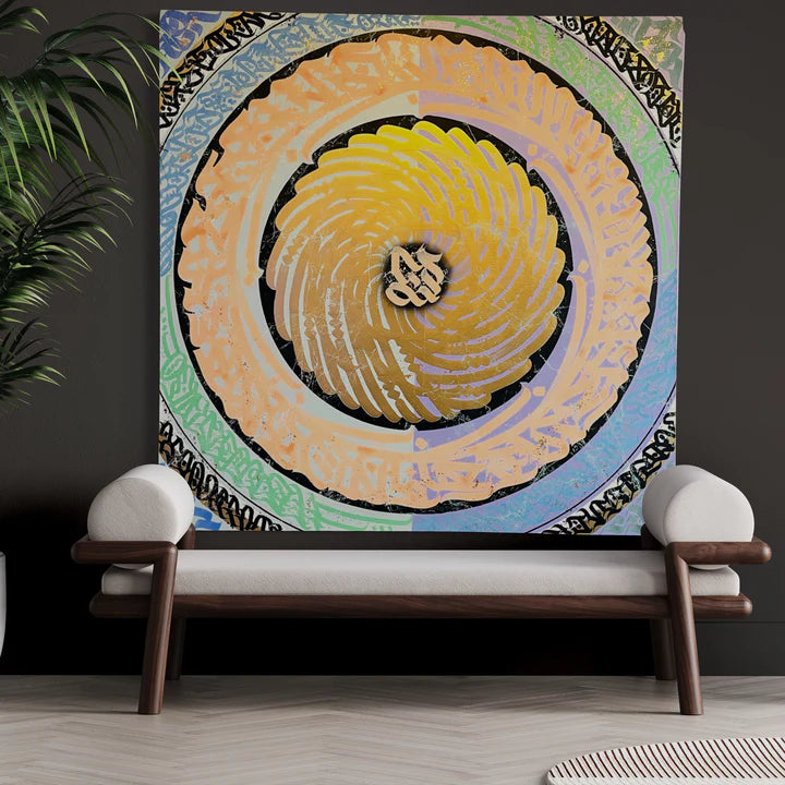 “Pastel Planet” displayed on a wall, showcasing its serene pastel color palette and elegant calligraphic brush strokes.