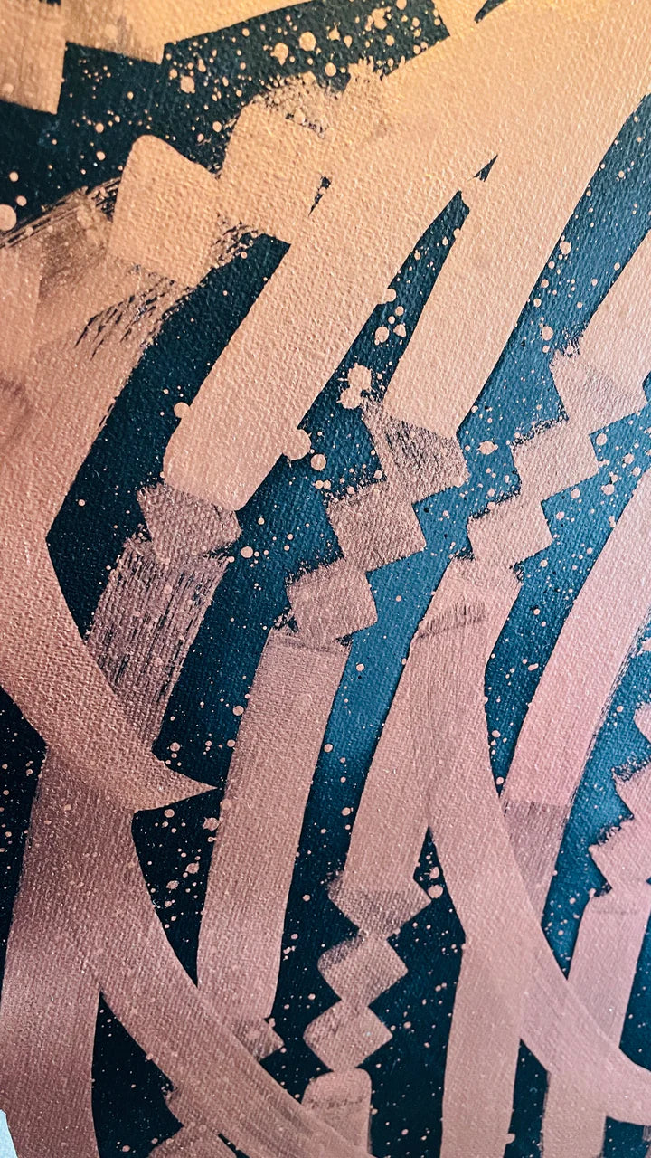 Left-angled perspective of PRECIOUS METAL "BRONZE" – highlighting the depth and movement of the bronze calligraphy from the side.