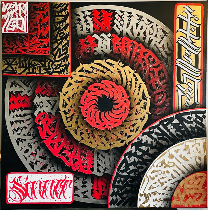 Full view of THE AKIRA original calligraphy artwork by Burnzy Art – bold red, gold, black, and white brush strokes on 40x40 box canvas inspired by Japanese calligraphy.