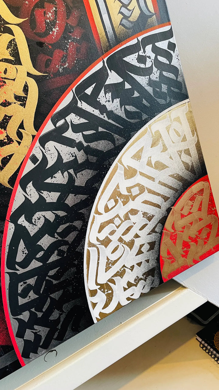 Angled detail view of THE AKIRA – highlighting brushstroke depth and acrylic/spray paint texture on original artwork by Burnzy Art.