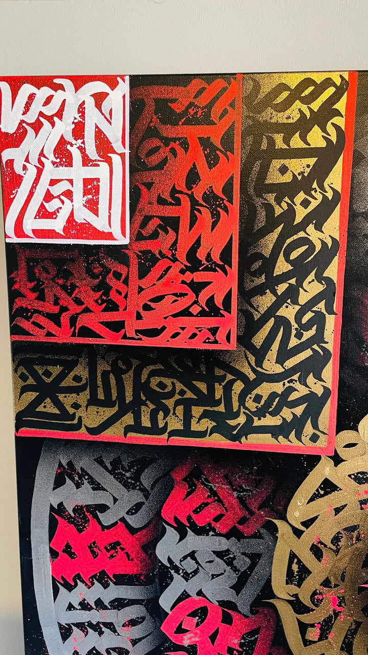 Side view of THE AKIRA canvas featuring visible artist stamp – original hand-painted calligraphy by Burnzy Art with textured brushwork.