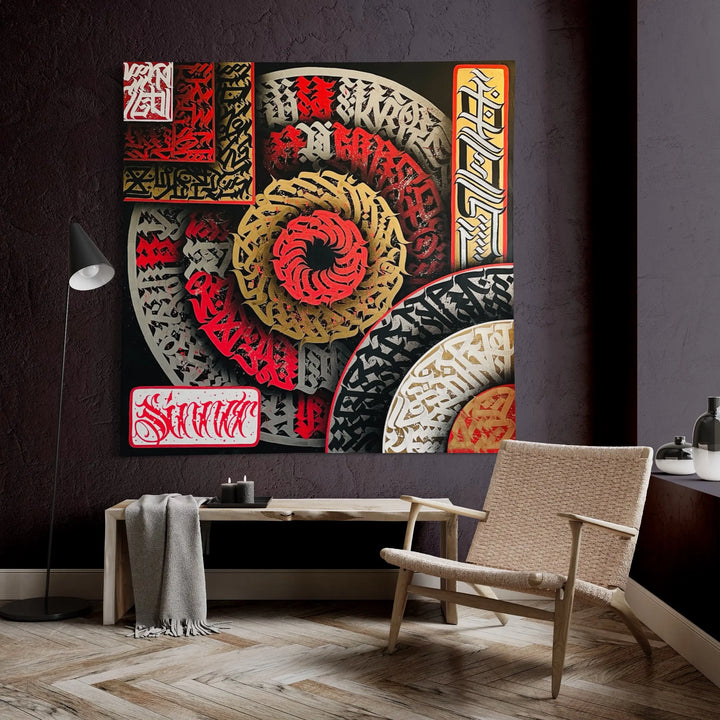 THE AKIRA artwork by Burnzy Art displayed in a modern living room – bold Japanese calligraphy-style piece adds dramatic visual impact to interior décor.