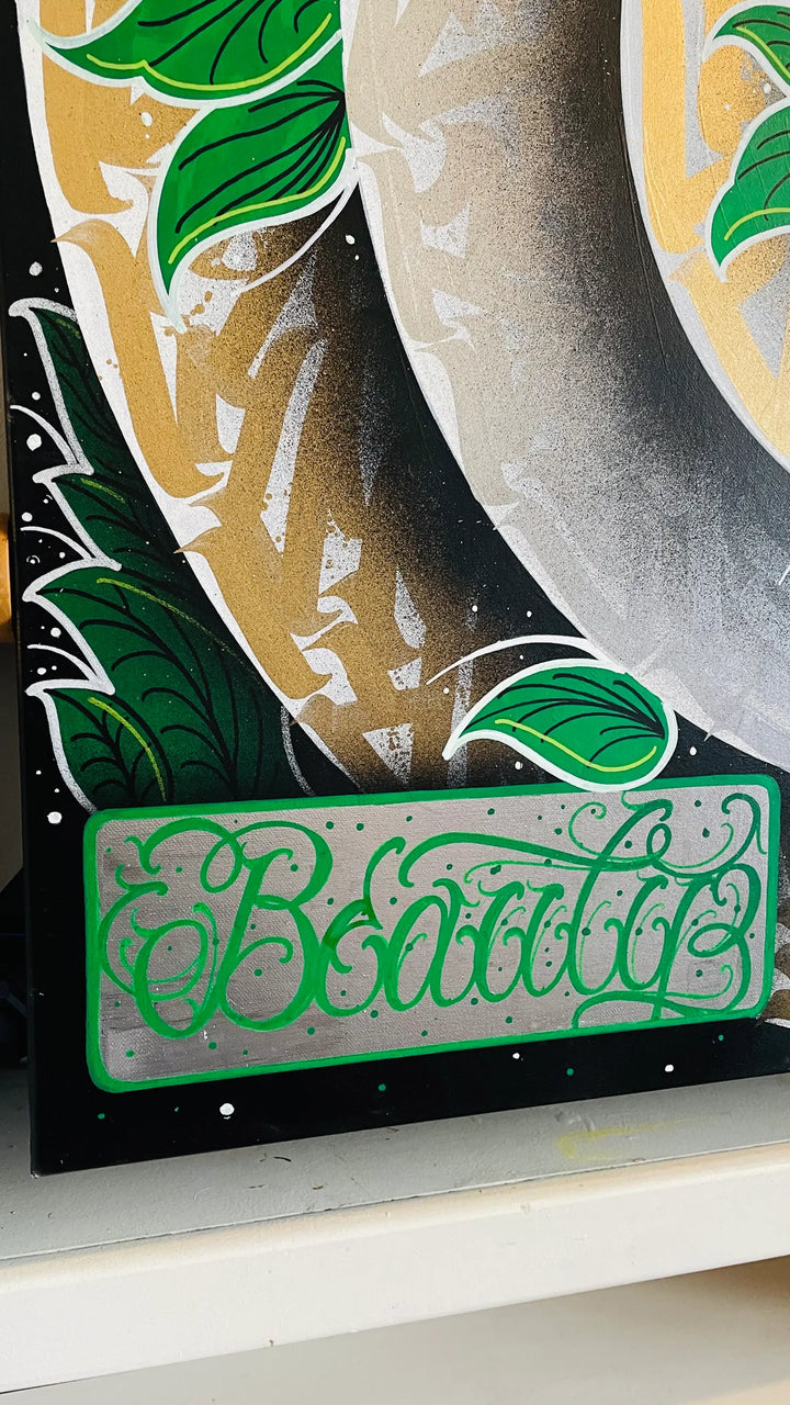 Side angle of THE CHANIWA GARDEN canvas – showcasing layered textures, dark backgrounds, and acrylic spray paint detailing in this hand-painted piece by Burnzy Art.