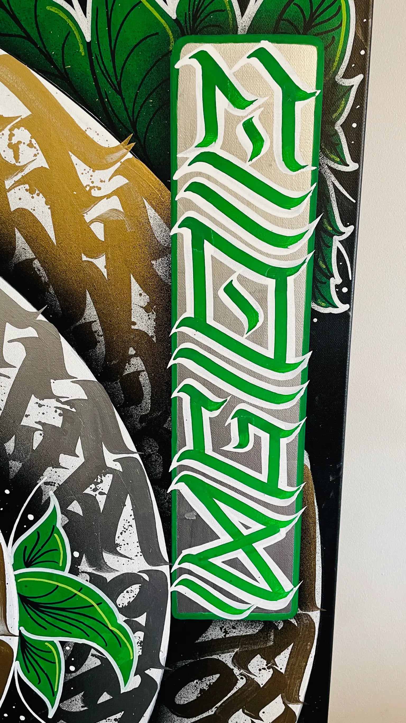Detail view of artist stamp on THE CHANIWA GARDEN – confirming the authenticity of this signed and dated calligraphy artwork by Burnzy Art.