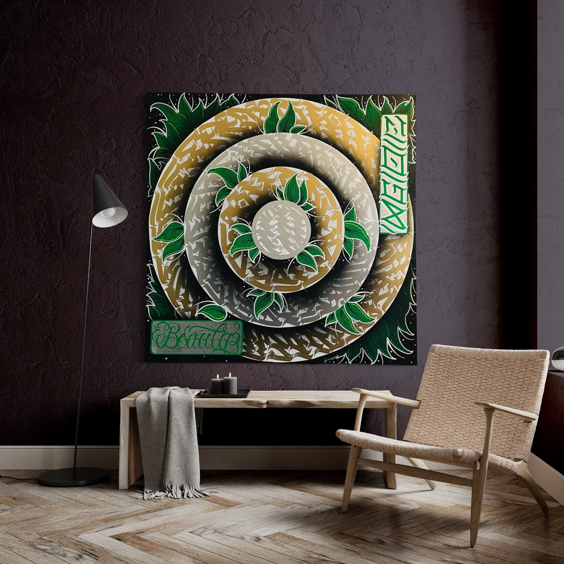 THE CHANIWA GARDEN by Burnzy Art displayed on a living room wall – contemporary Zen-inspired calligraphy artwork bringing harmony and natural elements into a modern space.