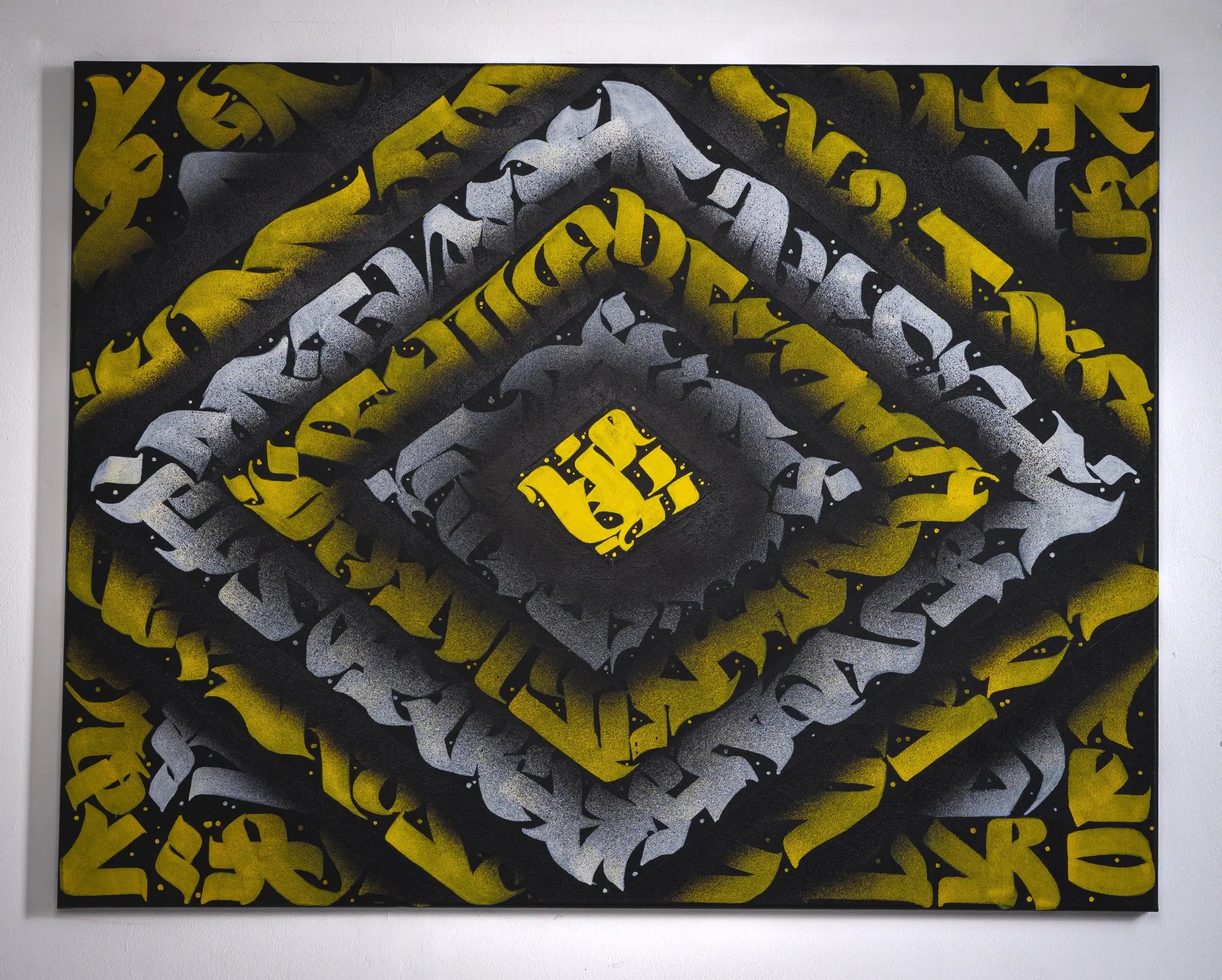 Full view of THE KILLER BEE by Burnzy Art – a vivid calligraffiti composition in yellow, black, and white with layered square patterns evoking a hypnotic mirror effect.