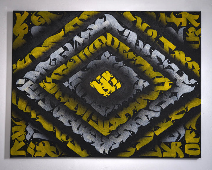 Full view of THE KILLER BEE by Burnzy Art – a vivid calligraffiti composition in yellow, black, and white with layered square patterns evoking a hypnotic mirror effect.
