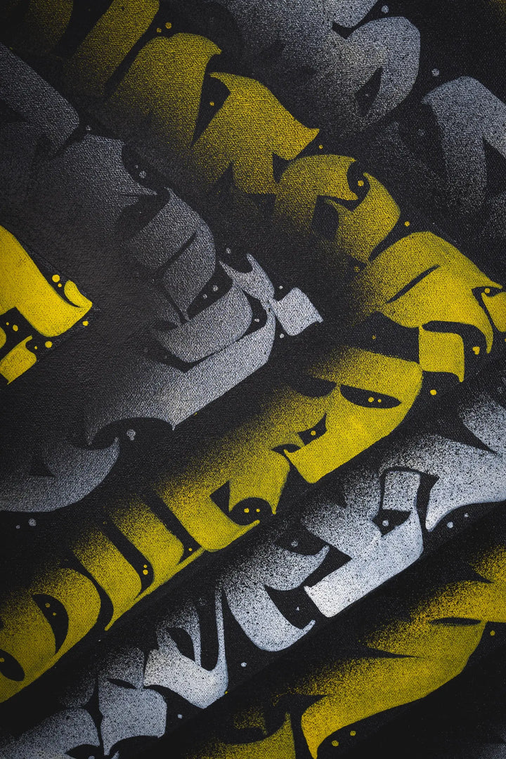 Right-side view of THE KILLER BEE – presenting canvas thickness, dimensional brushwork, and the artwork’s strong geometric aesthetic.
