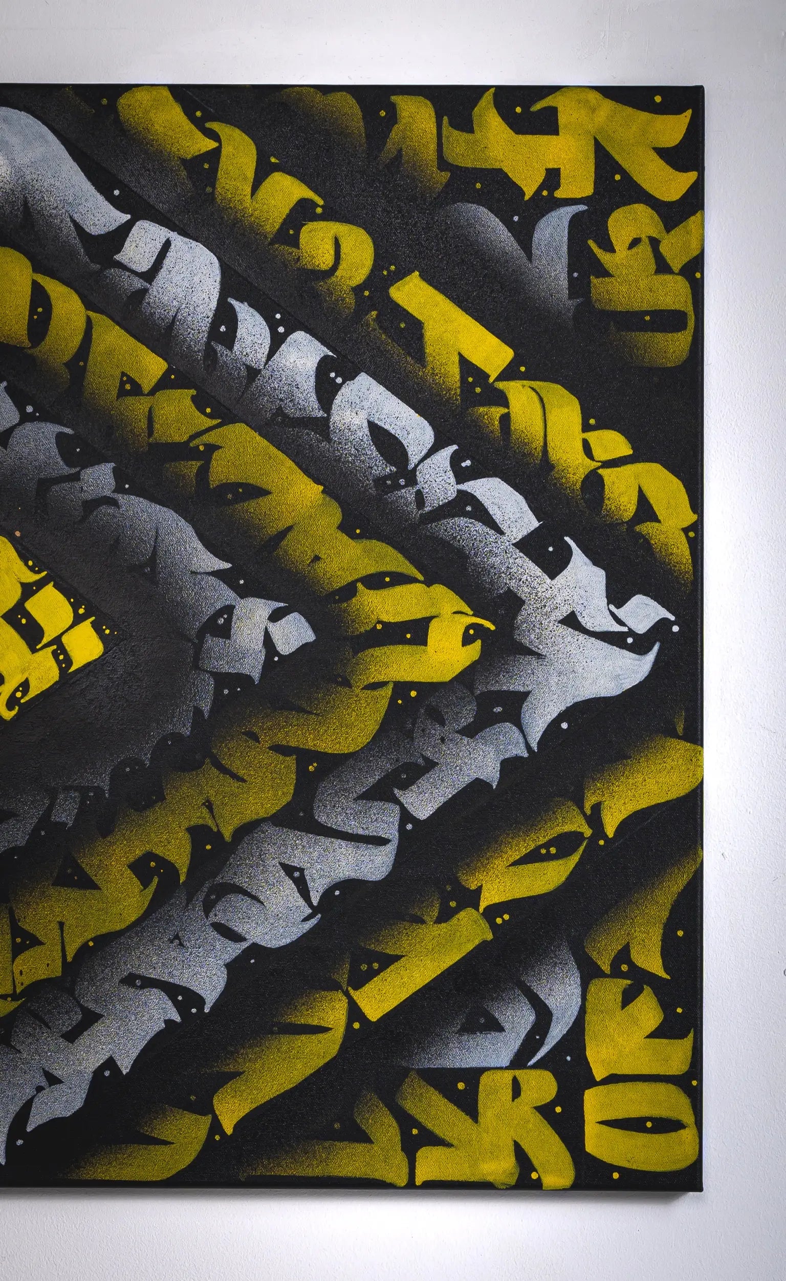 Zoomed-in right side of THE KILLER BEE – focusing on the intricate layering of shapes and transitions between yellow, white, and black.