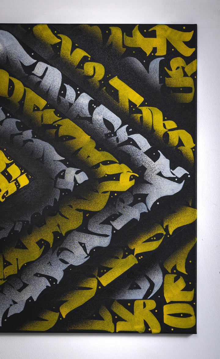 Zoomed-in right side of THE KILLER BEE – focusing on the intricate layering of shapes and transitions between yellow, white, and black.