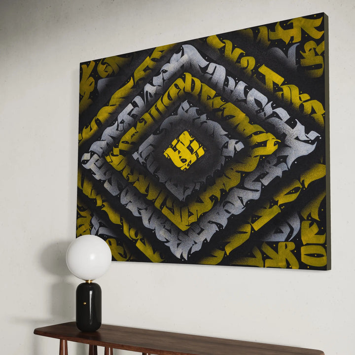 Side view of THE KILLER BEE mounted on a wall – showcasing the artwork’s vibrant contrast, angular calligraphy, and canvas texture.
