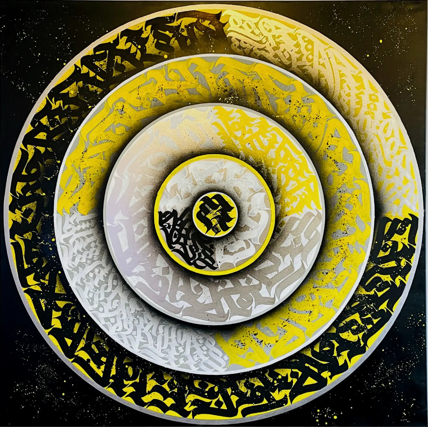 Full view of THE KILLER CALLI DISC by Burnzy Art – original 40x40 calligraffiti canvas inspired by bees, featuring spiraling yellow and black brush strokes resembling a dynamic honeycomb structure.