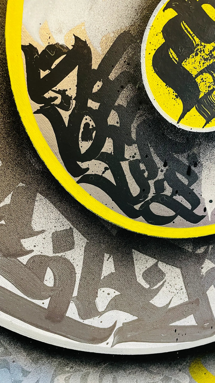 Alternate side angle of THE KILLER CALLI DISC – highlighting the handcrafted calligraphy and flow of paint, reflecting the movement of bees.