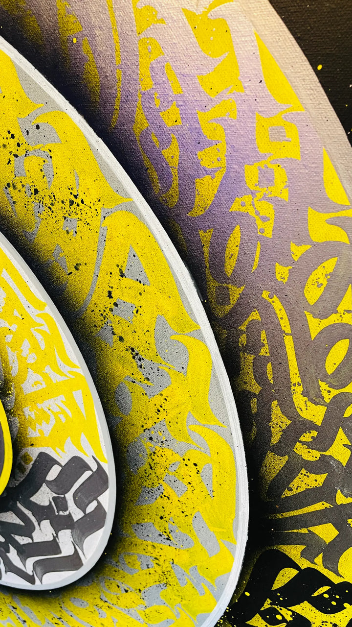 Top side angle of THE KILLER CALLI DISC – showing acrylic texture and swirling calligraphy patterns inspired by the structure and energy of honeybees.
