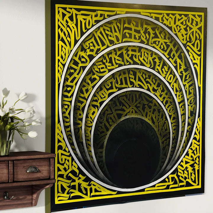 Side angle view of THE SPIRAL OF ELEGANCE mounted on the wall – showcasing the depth, brush texture, and dimensional quality of the spiral design.