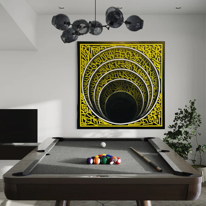 Full frontal view of THE SPIRAL OF ELEGANCE on the wall – a stunning calligraffiti spiral drawing the eye into its glowing center.