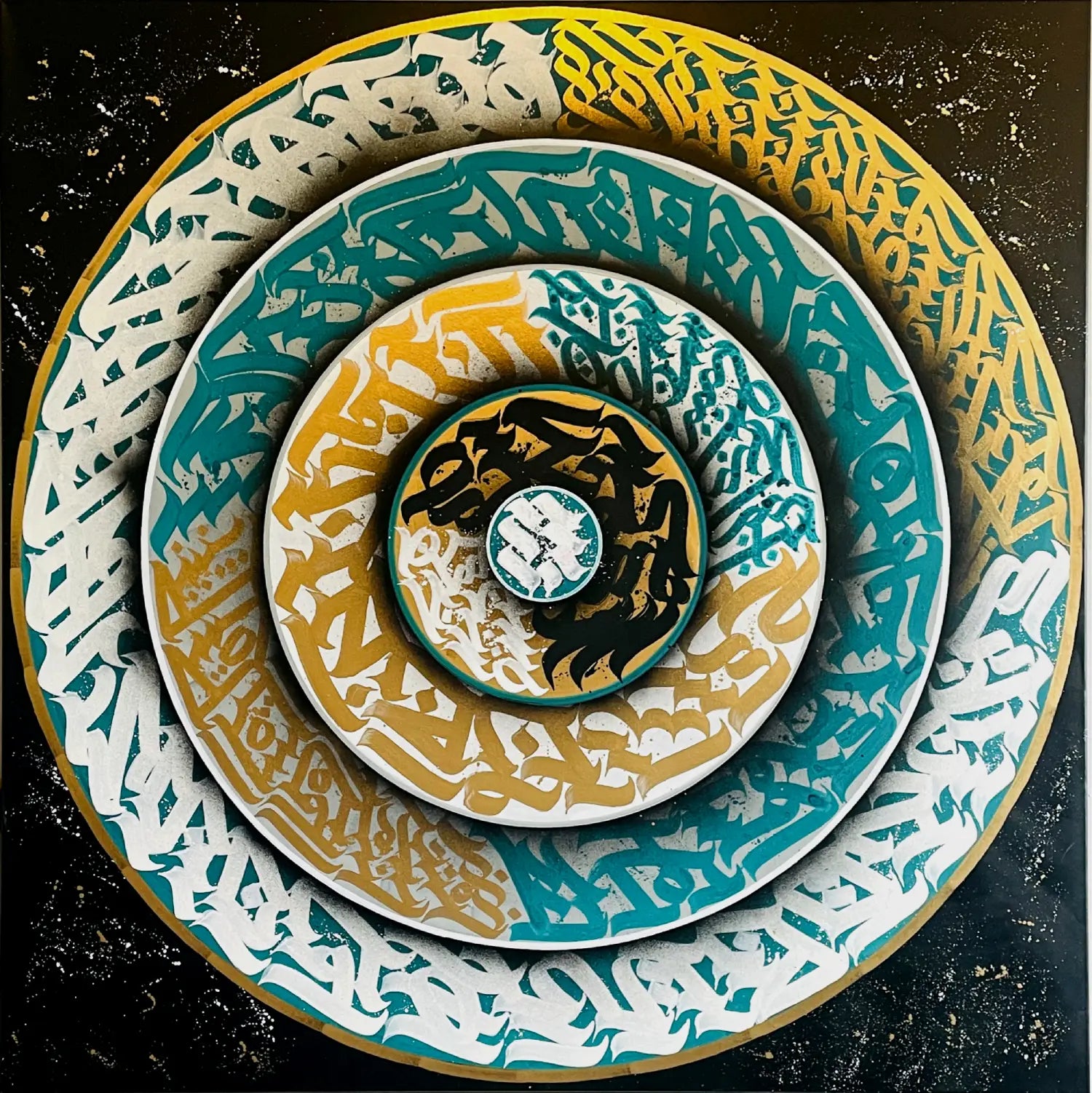 Full view of THE TURQUOISE TORNADO by Burnzy Art – original hand-painted canvas featuring dynamic calligraphy in turquoise and gold, evoking the swirling force of a graceful tornado.