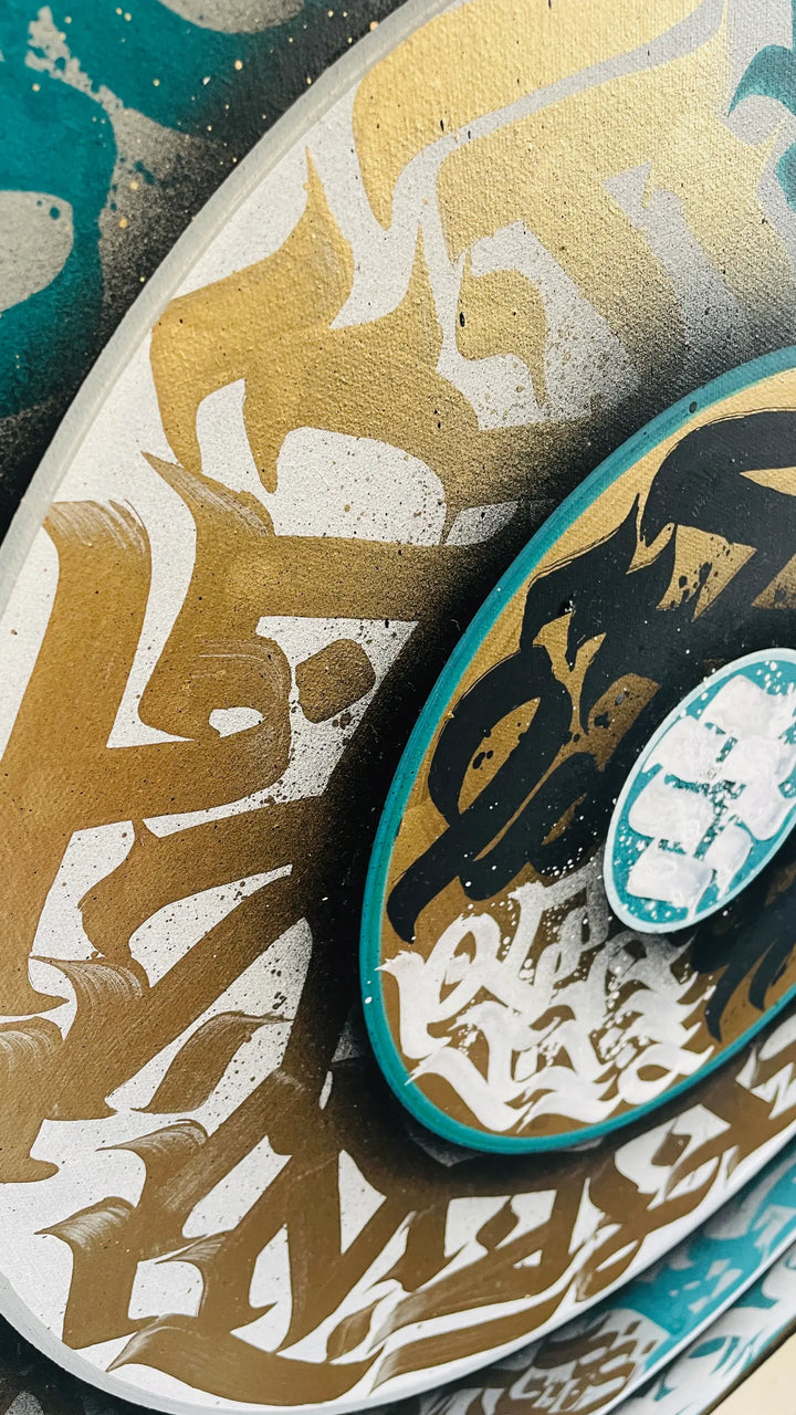 Top left angled view of THE TURQUOISE TORNADO – highlighting the graceful motion of brush strokes and layered detailing across the canvas.