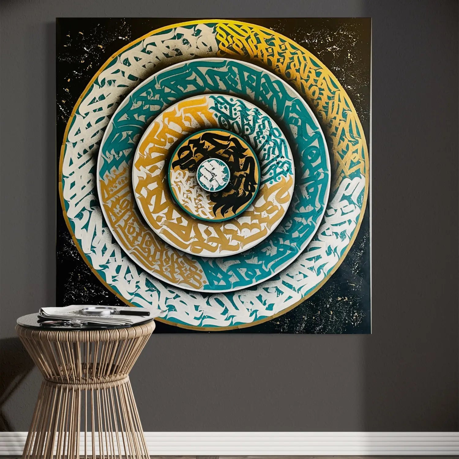 THE TURQUOISE TORNADO displayed in a modern living room – vibrant and energetic calligraffiti artwork by Burnzy Art that blends movement, color, and emotion.