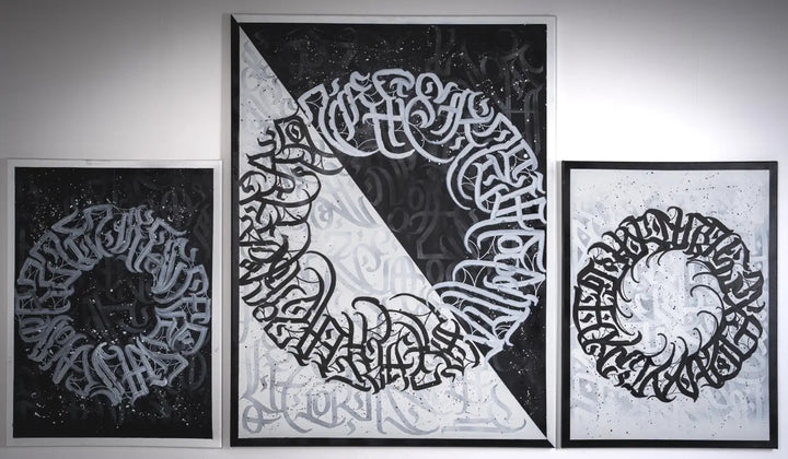 Full view of THE YIN-YANG by Burnzy Art – a striking triptych of calligraffiti canvases that interpret the Yin Yang symbol through bold brush strokes and black-and-white contrast, symbolizing harmony and duality.