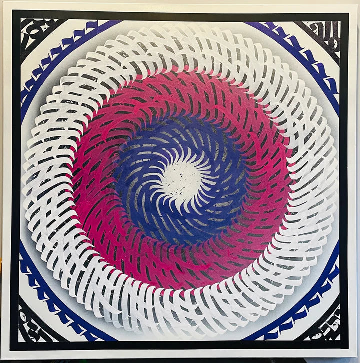 Full view of “Twist of Elegance,” showcasing a vibrant spiral of calligraphy in purples, pinks, and whites radiating from the center.
