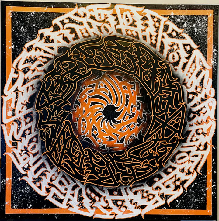 Full view of “VOLCANIC VERSES” – a fiery calligraphy artwork with vivid strokes of deep orange and black, resembling a burning vortex against a starry night backdrop.