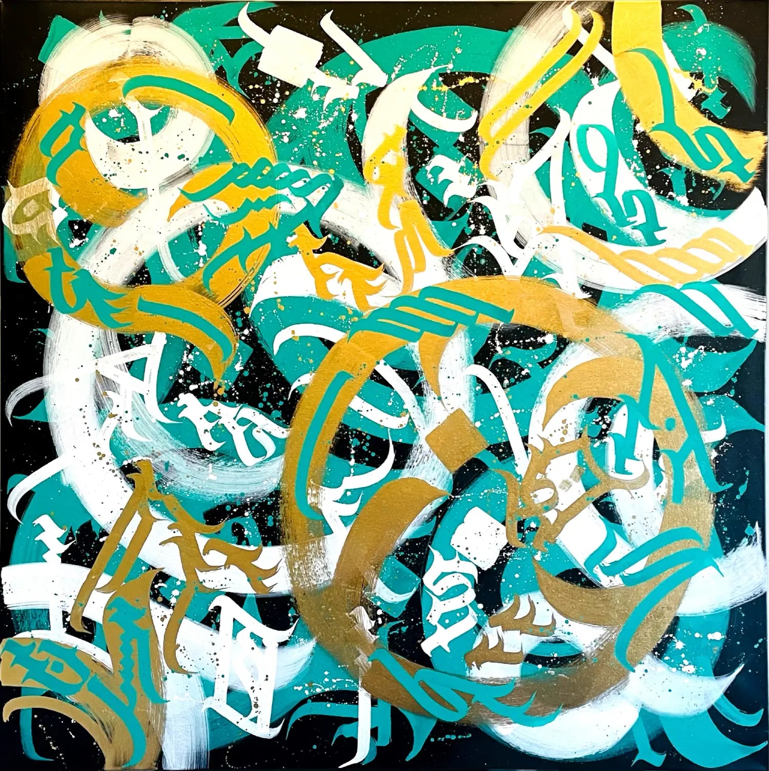 Full view of Chaos 2 hand-painted calligraffiti canvas in acrylic and spray paint.