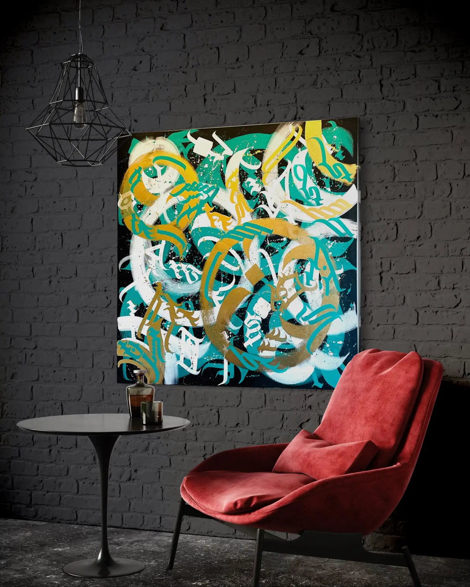 Chaos 2 40x40 calligraffiti box canvas displayed in a stylish living room.