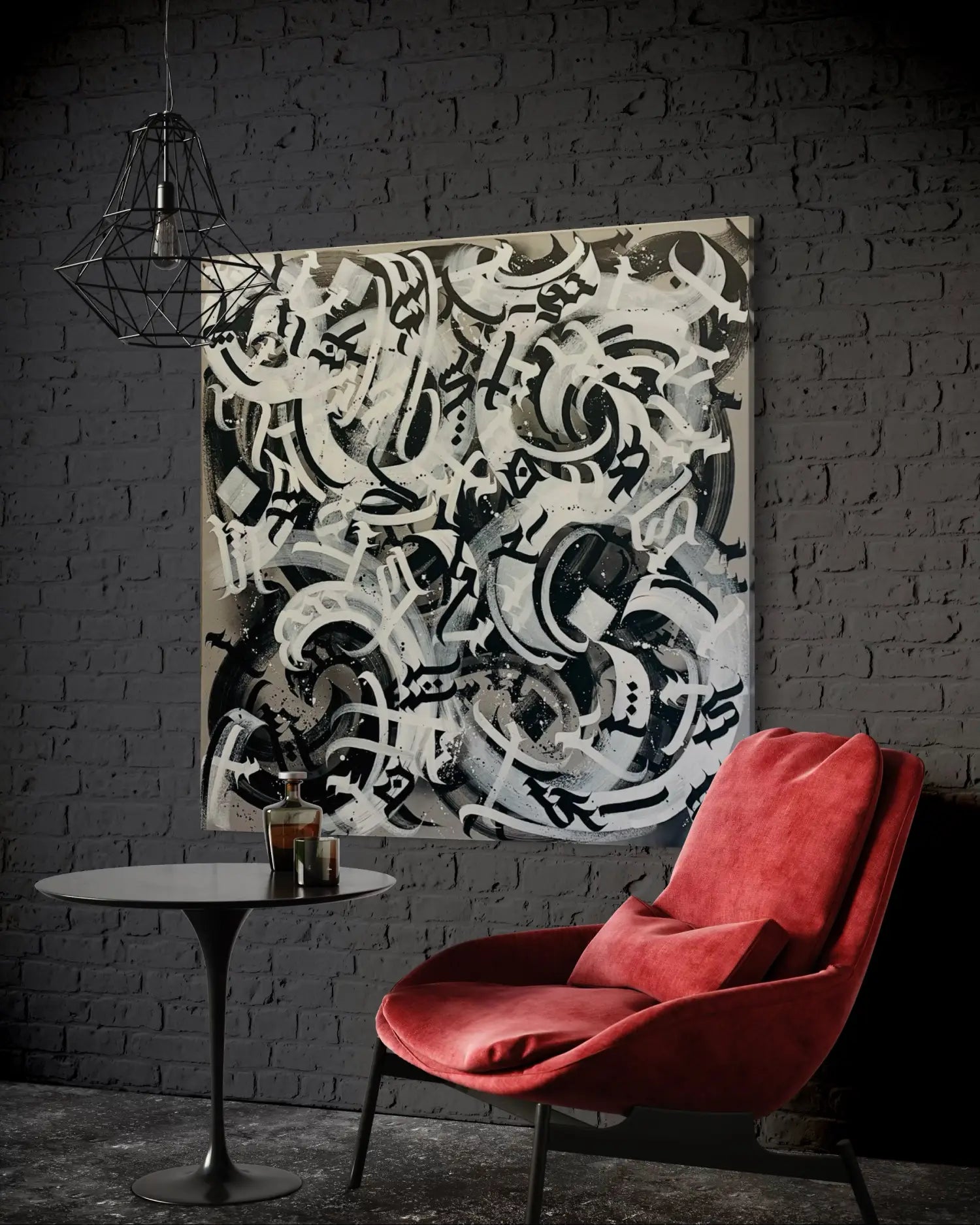 Chaos original calligraffiti artwork by Burnzy Art displayed in a contemporary living space.