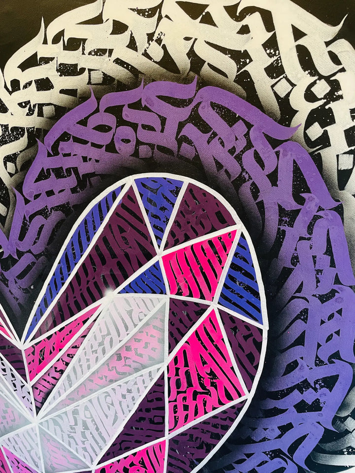 Burnzy art Glass heart calligraffiti top right view
