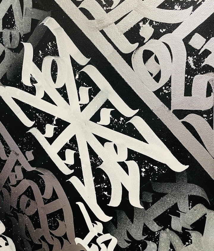 Angle shot of the Silver Chrome artwork from the bottom left side, highlighting the depth, texture, and layered strokes on canvas.