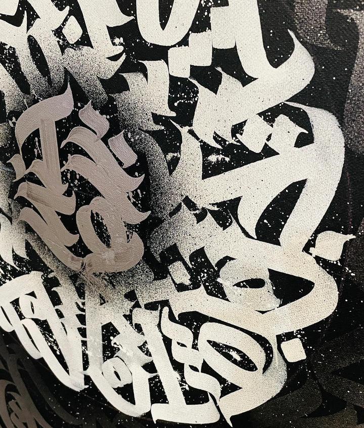 Close-up center view of the Silver Chrome calligraphy artwork, focusing on the metallic finish and detailed brush strokes.