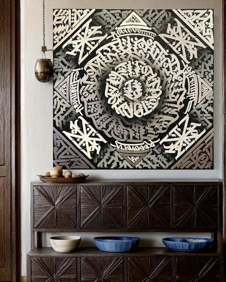Silver Chrome calligraphy canvas mounted on a wall, displaying how the striking design enhances a modern interior space.