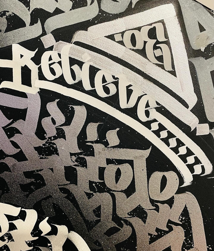 Top right side angle view of the Silver Chrome calligraffiti piece, emphasizing the chrome effect and dimensional calligraphy details.