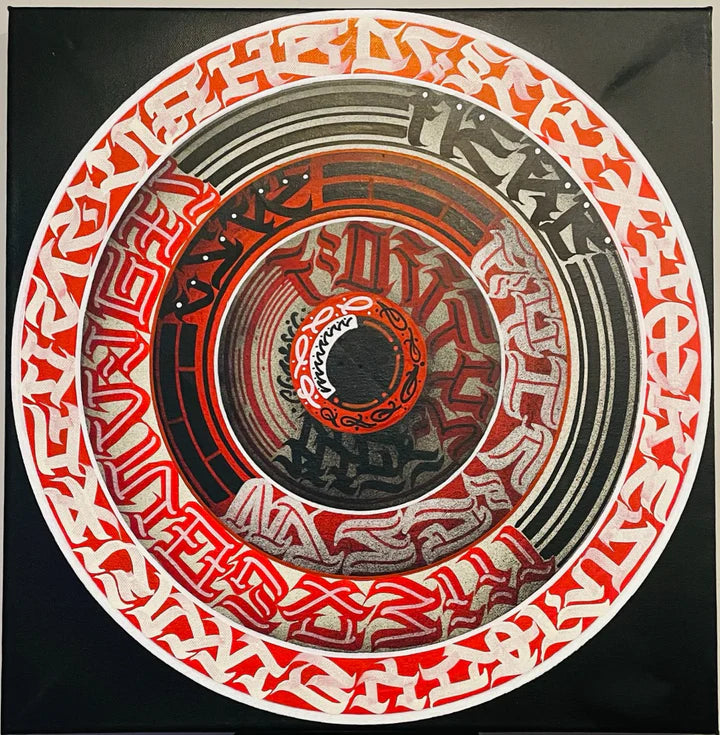 Full view of The Calli Disk artwork by Burnzy Art, featuring concentric circles of green and white calligraphy on a black background.