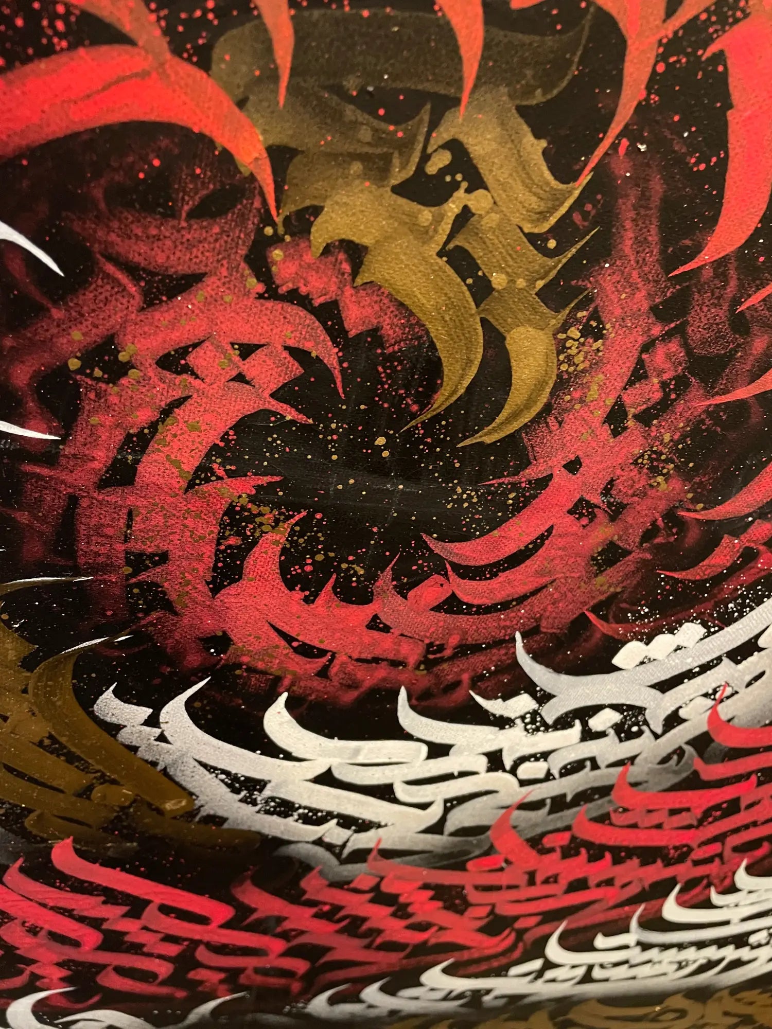 Burnzy art Up in flames, Artistic design with red, gold, and black colors on a black background