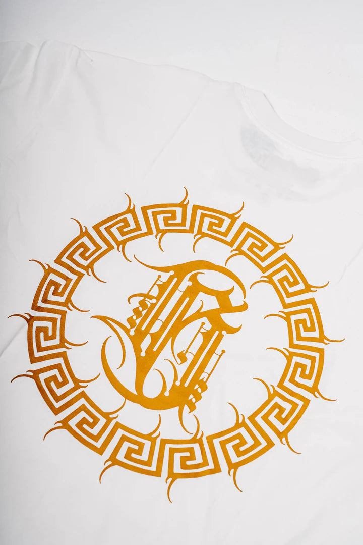 Angled view of the Burnzy Art white t-shirt showing off the fabric drape and shoulder design.